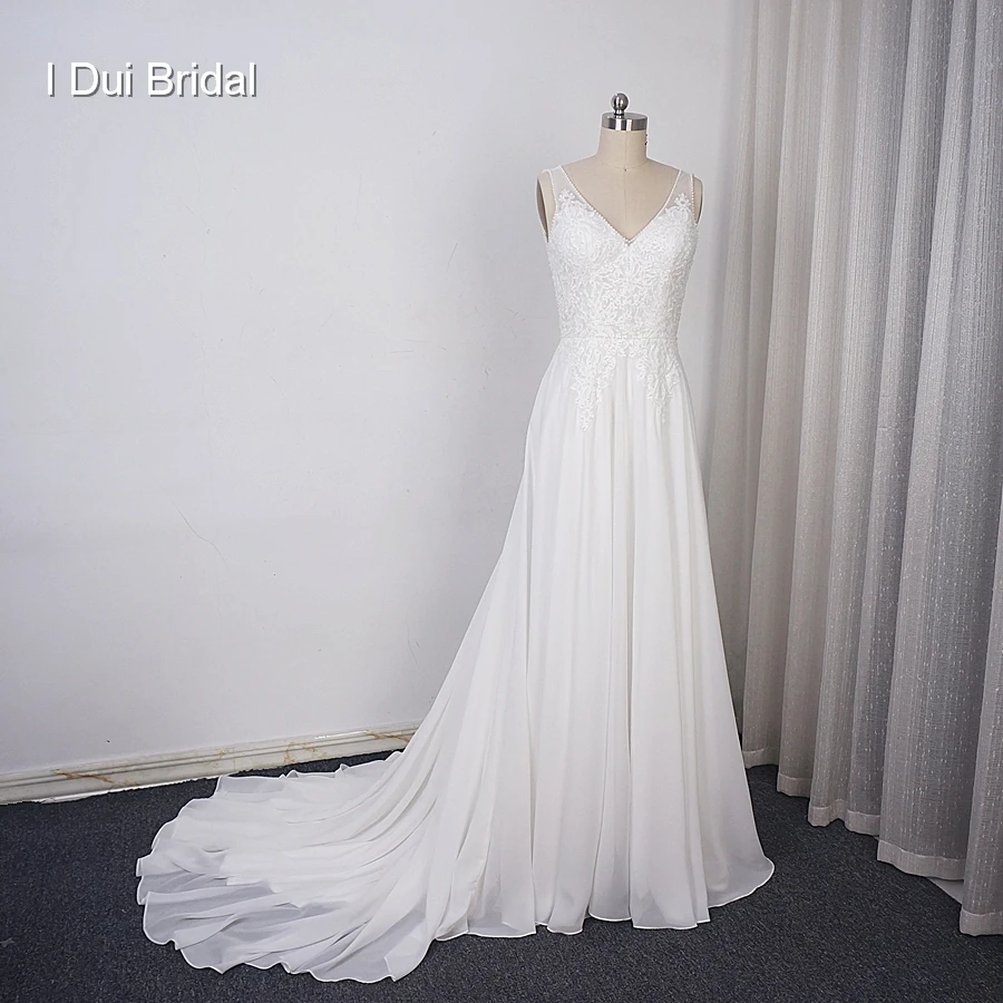 

Chiffon A line Wedding Dress V Neckline with Lace Appliques Beaded Illusion Back with Button