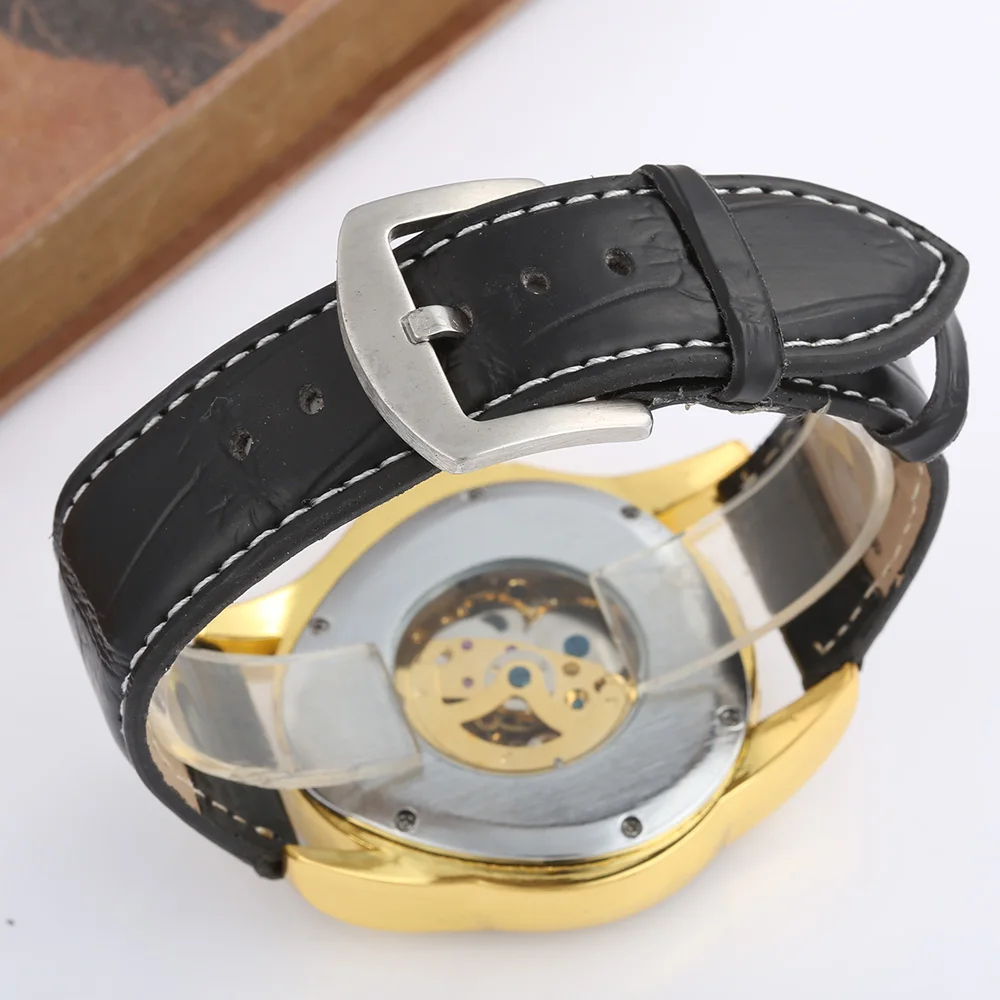 

GOER Watches Mens Leather Strap Automatic Mechanical Skeleton Wrist Watch Sports Triangle Watches Men Relogio Masculino