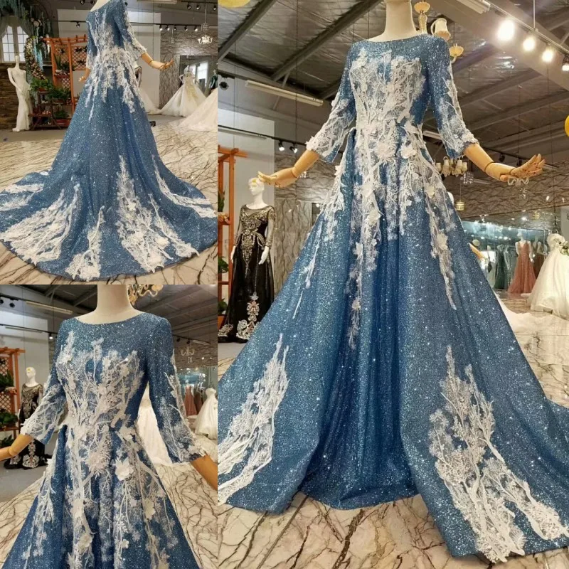 LS647401 блестящий dubai длинные вечерние платья длинный рукав o-neck простой a-line суд