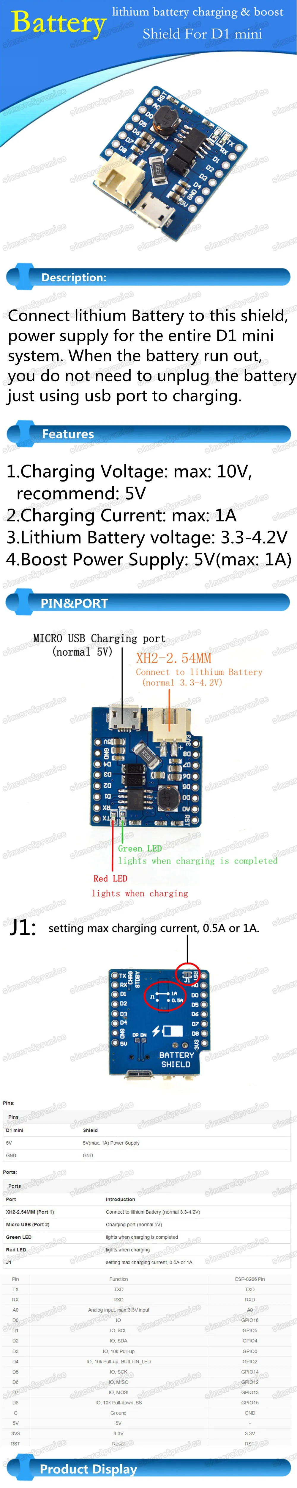 D1 Мини-Защита аккумулятора для Wemos USB одиночный литиевый модуль для зарядки батареи с контактами светодиодный индикатор 5 в постоянного тока