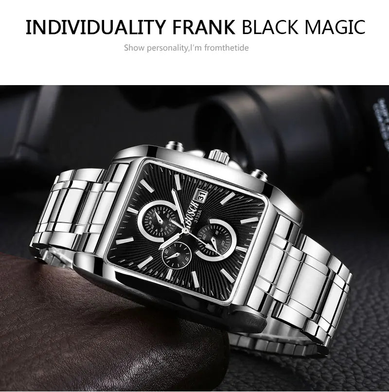 BOSCK Мужские часы Relogio Masculino бизнес квадратные кварцевые мужские часы модные полностью стальные водонепроницаемые мужские часы