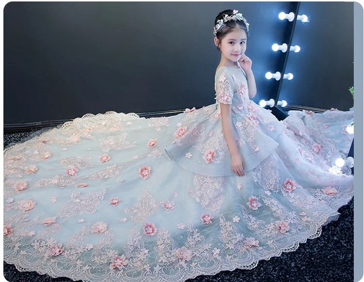 Vestidos de comunion кружева 1/2 рукава со шлейфом цвет небесно-синий цветок платья для девочек для Свадьбы Роскошные праздничное платье для девочек