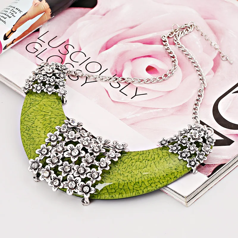 

Bohemian Choker Collar Necklace Rhinestone Metal Flower Acrylic Moon Crescent Bib Statement Necklace Jewelry