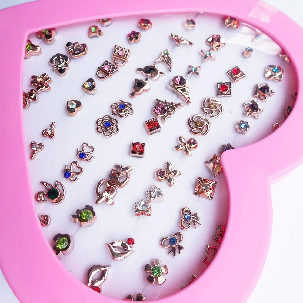 

Children Gold Stud Earrings Heart Box Packing Rhinestone Jewelry For Kids Girls 36 pairs/lot Mix Colors & Styles Randomly