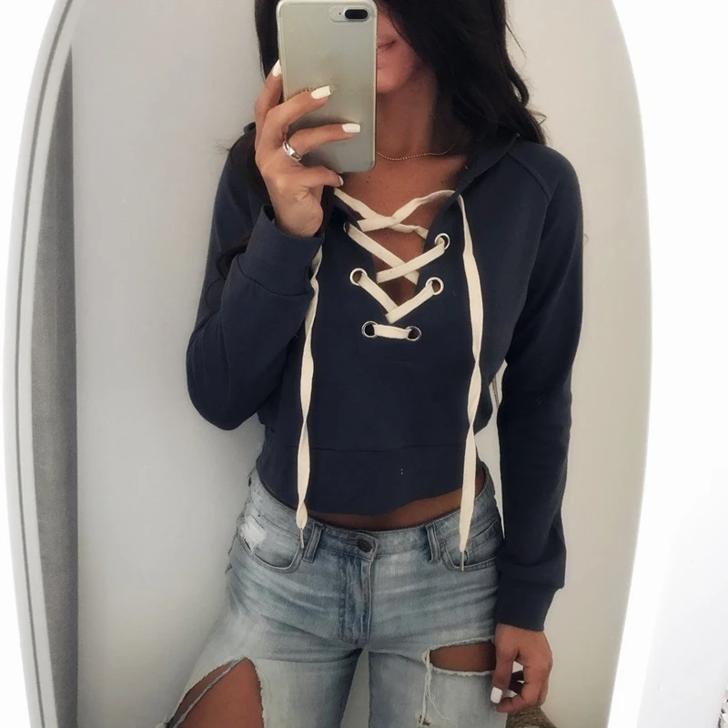 

New AUTUMN Women Ladies fashion casual Long Sleeve hoodie sweatshirts v-neck lace up hollow out solid hooded pullover tops