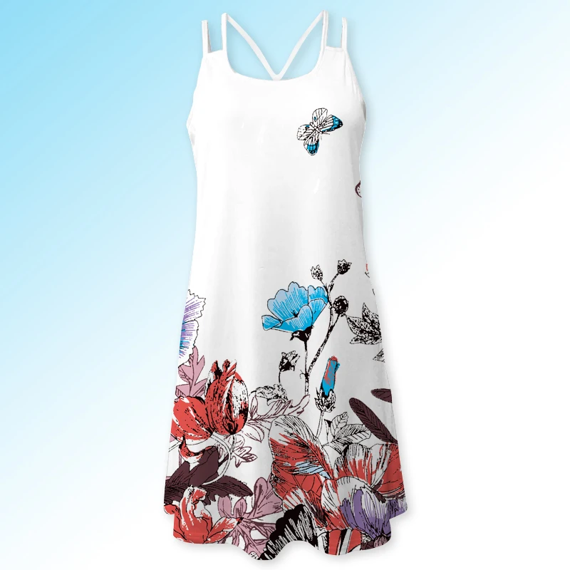 Женское платье на бретельках без рукавов винтажное пляжное с цветочным принтом
