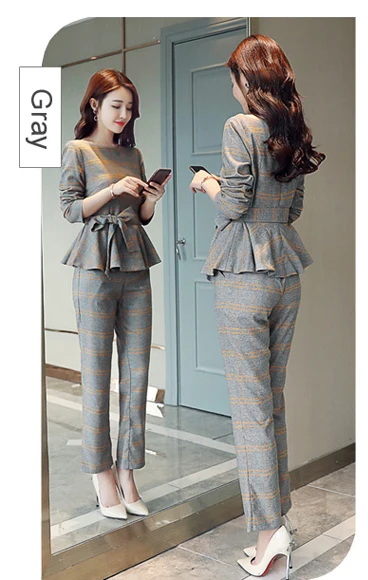 gray suits RG официальный клетчатый Блейзер и брюки, комплект из 2 предметов, деловая офисная одежда, брючные костюмы для женщин, плюс размер 2XL, брючный костюм, осень - Цвет: gray suits