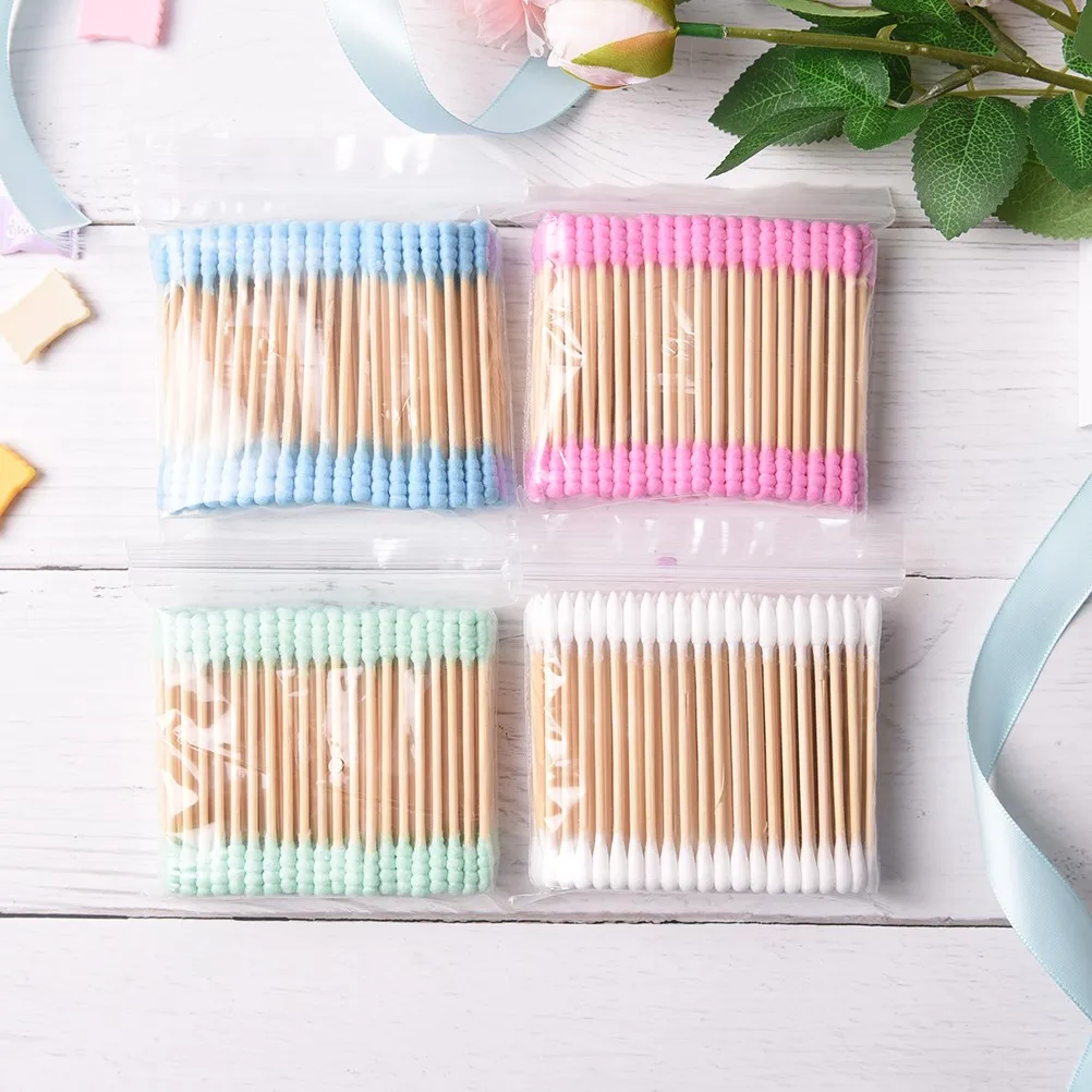 100PCs Cosmetic Cotton Swab Stick Double Head Ended Clean Cotton Buds Ear Clean Tools For Children Adult Pink Green