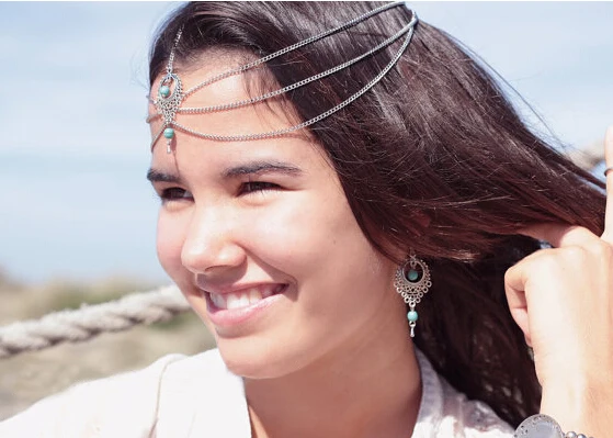 Модная богемная Этническая зеленая кисточка на голову с камнем свадебная