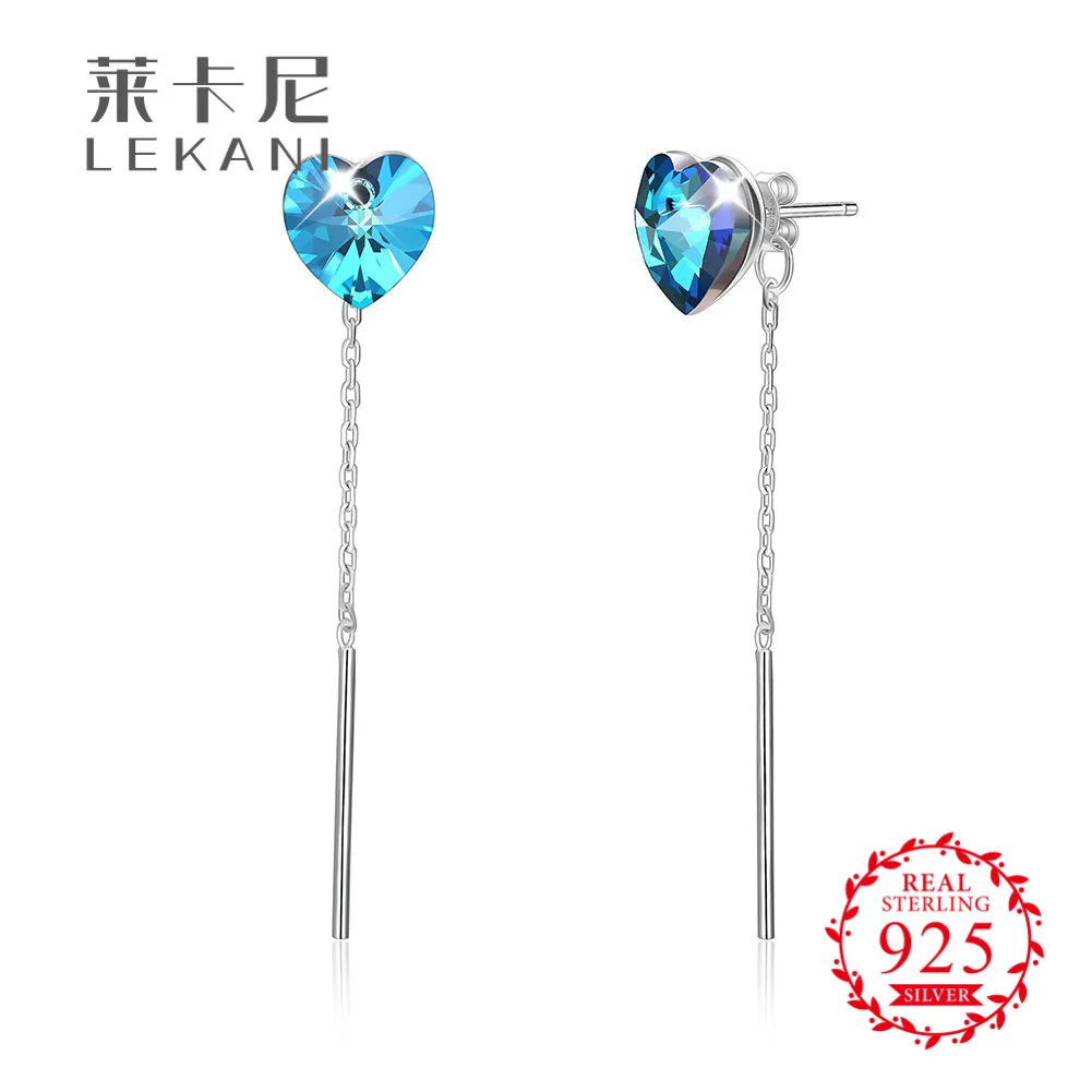 LEKANI кристаллами от Swarovski 925 серебро синий кристалл сердце длинные серьги мотаться