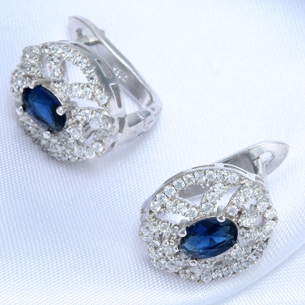 Серьги-кольца с белым золотом и цирконом CZ ярко-синий кристалл подарок для женщин