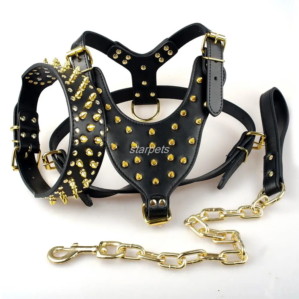 PetArtist® Black Spikes White Leather Dog Harness Collar And Leash Set Heavy