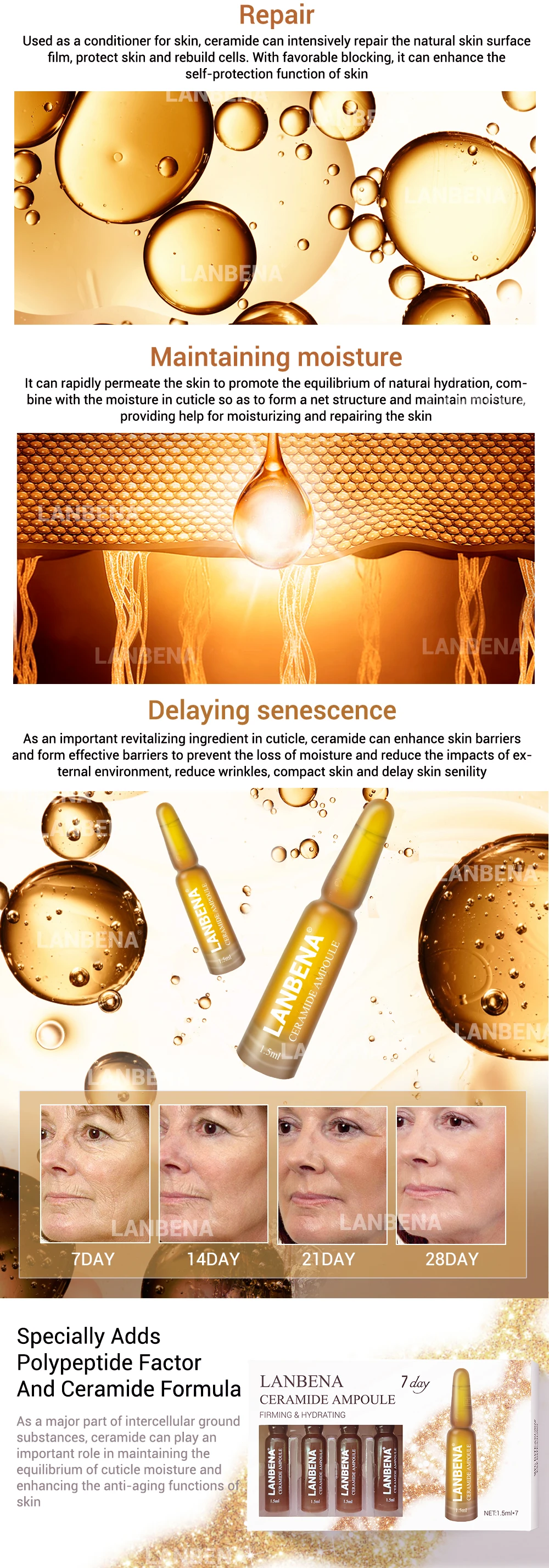 LANBENA Ceramide ампульная сыворотка укрепляющая увлажняющая против старения лифтинг питательная против морщин усадочная поры кожи уход за 7 дней
