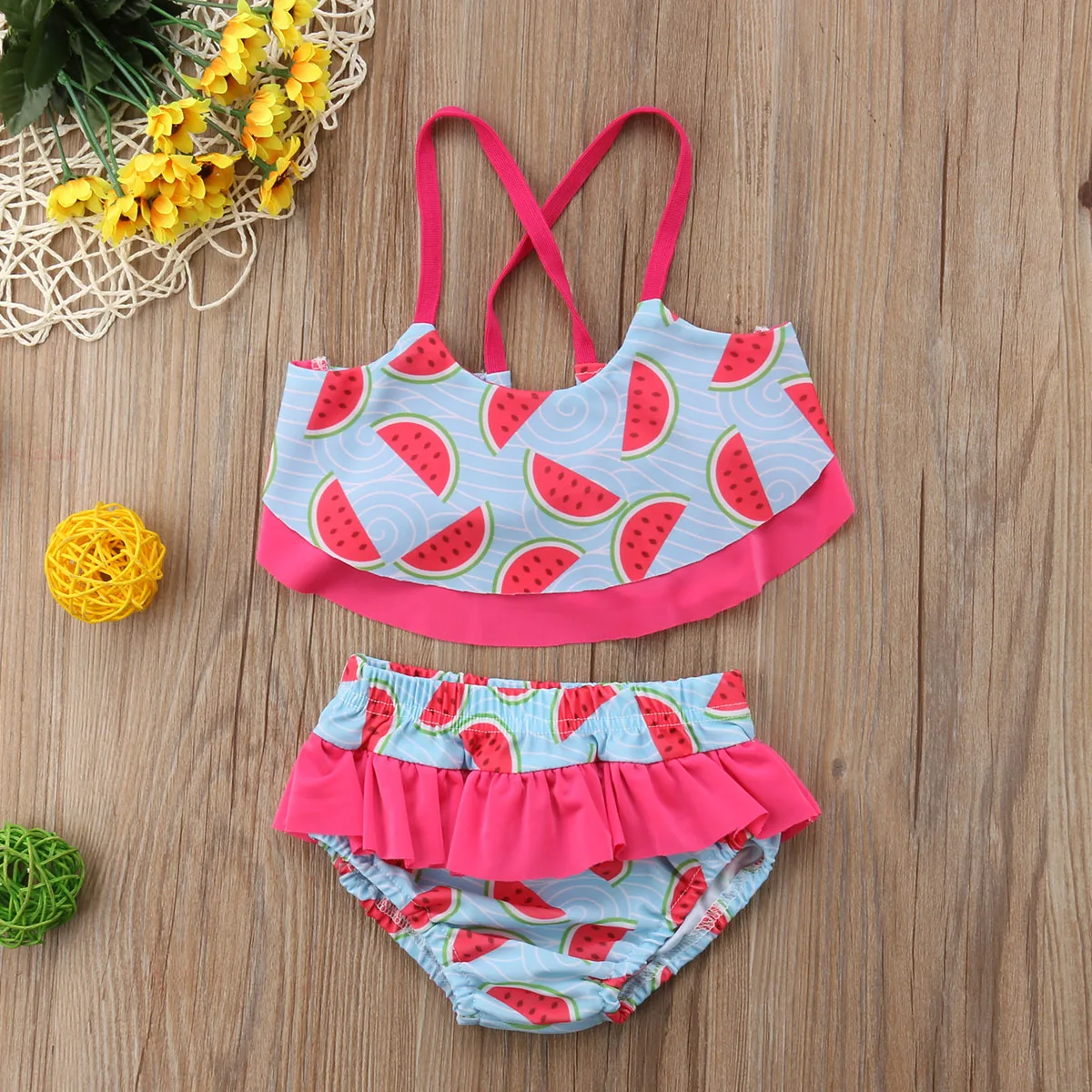 Милые купальники 2019 с арбузом для детей комплект бикини оборками и лямкой на шее
