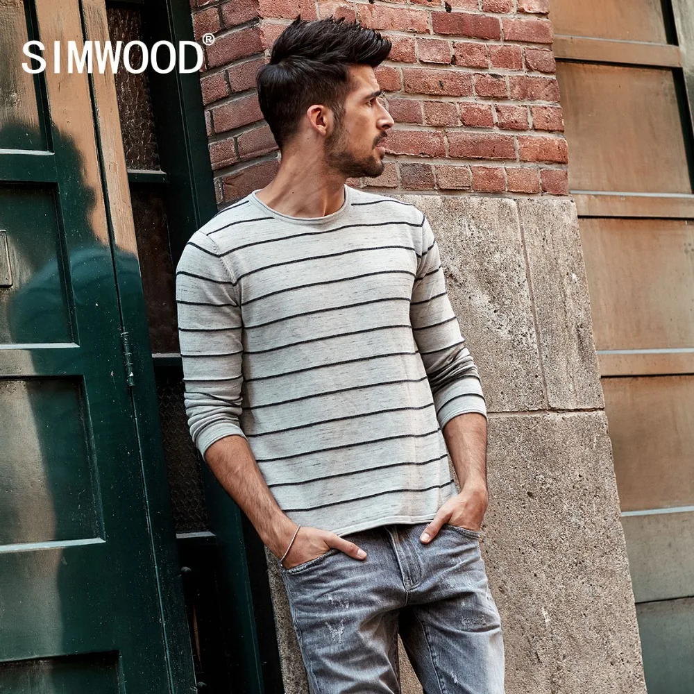 SIMWOOD 2019 Весенний Новый приталенный полосатый мужской свитер из 100% хлопка с