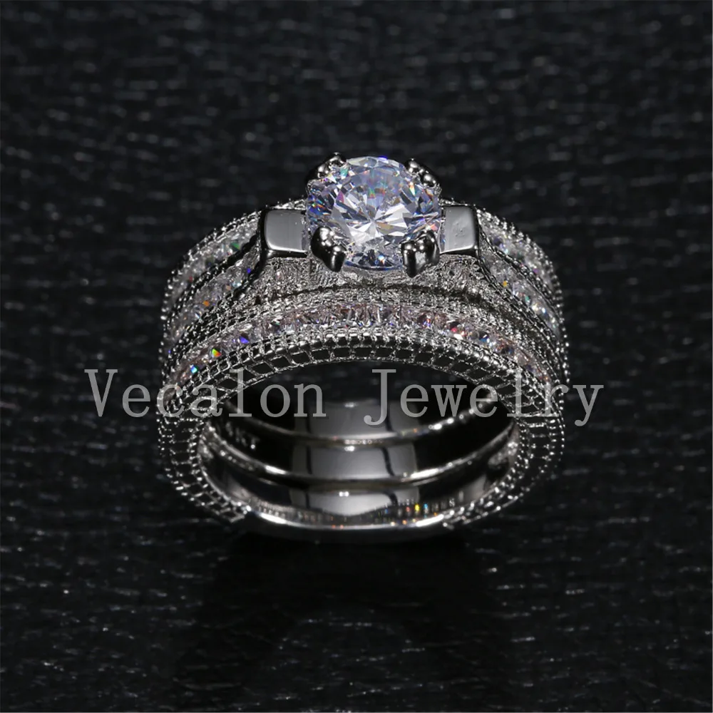Женское Винтажное кольцо Vecalon обручальное 3 в 1 из белого золота с фианитом 15ct AAAAA 14