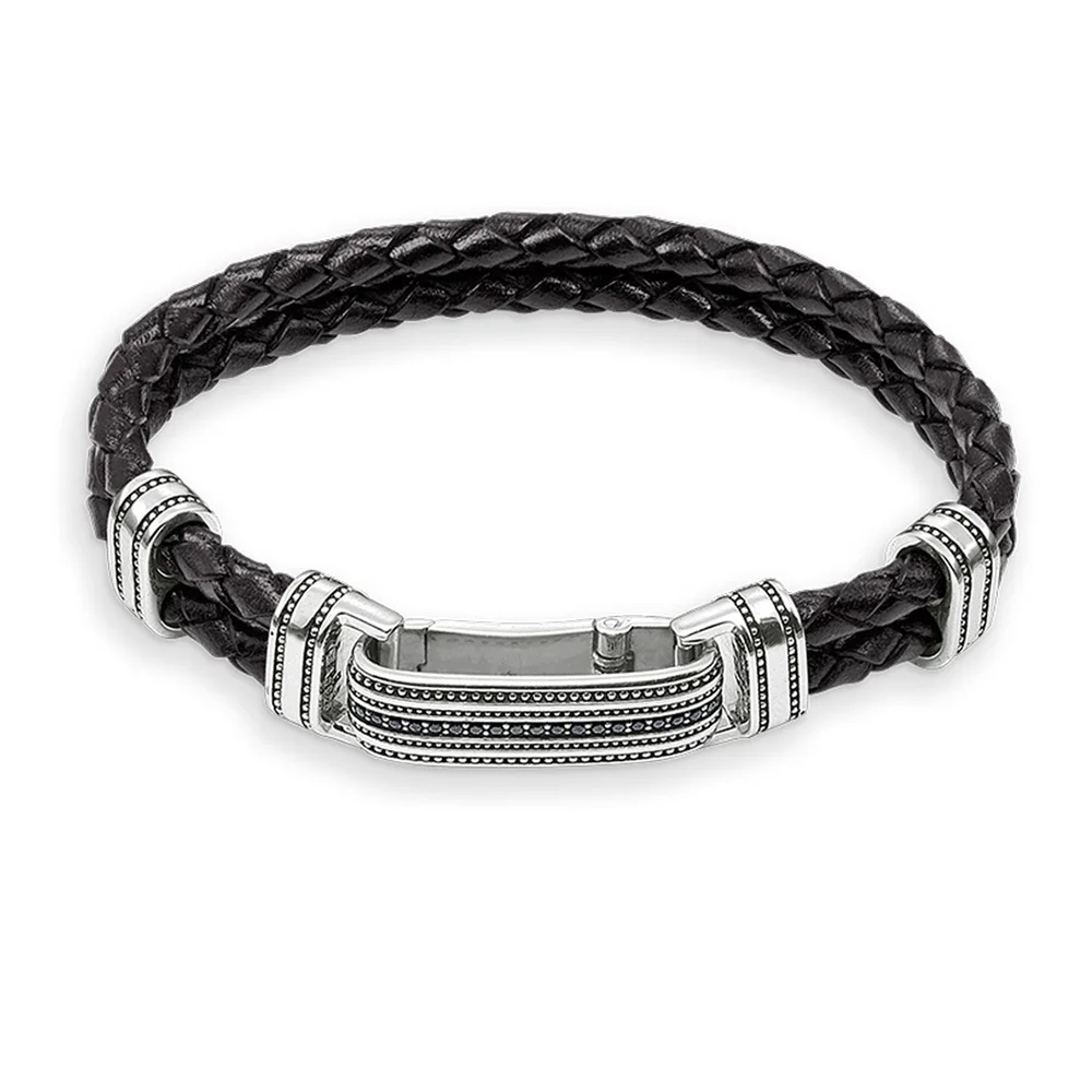 

20cm Two Levels Black Zironia Plaited Leather Bracelets, Most Fashion 925 Sterling Silver Bracelet Jewelry Gift For Men Women