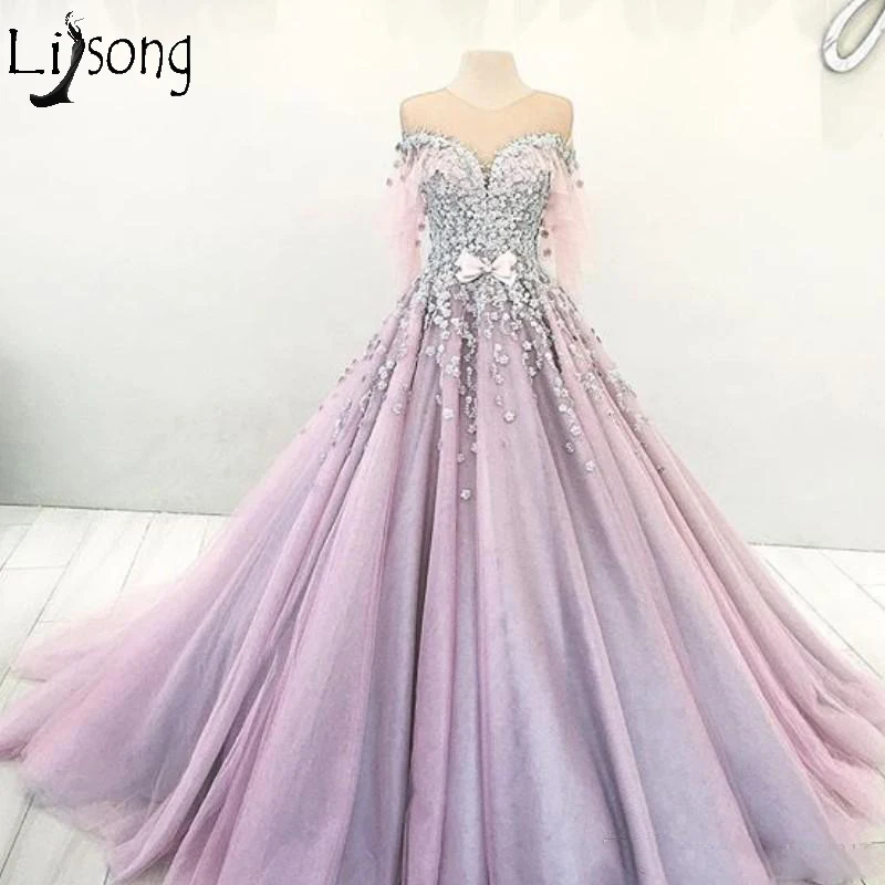 

Romantic Dubai Princess Engagement Dress Sheer Jewel Neck Bow Beaded Lace Applique Evening Dress Ball Gown Tulle Prom Dresses