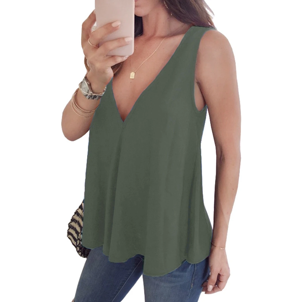 Женские летние однотонные свободные майки Blusas сексуальные топы с глубоким v-образным вырезом Женские повседневные рубашки без рукавов с оборками размера плюс Vetement