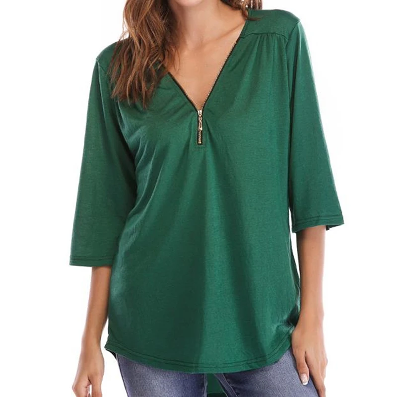 Women Summer Top V Collar Zipper Half Sleeves Loose Shirt Irregular Hem Casual T Shirts For Colth | Женская одежда