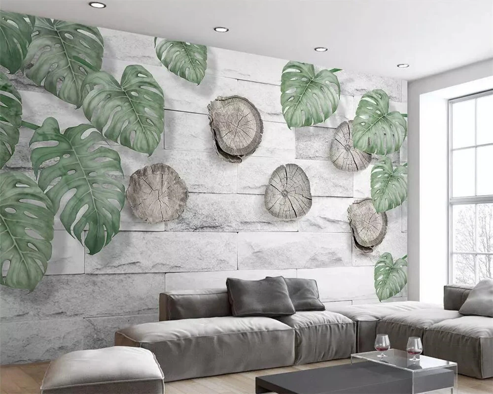 Обои beibehang на заказ 3d фотообои зеленые листья корень дерева кольцо кирпичная