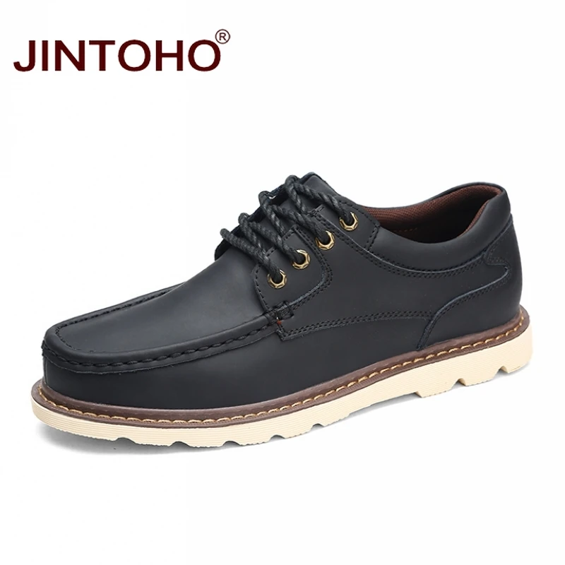 black JINTOHO/Мужская обувь из натуральной кожи; брендовая модная повседневная мужская обувь; Дизайнерская кожаная мужская обувь; мужская обувь на плоской подошве; большие размеры - Цвет: black