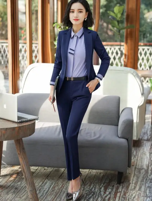 blue suit Костюм женский брючный костюм женский костюмы женские женский костюм Женский деловой костюм, офисный женский костюм с брюками, женский пиджак в деловом стиле, комплект из 2 предметов, пиджак, большие размеры 4XL XXXL - Цвет: blue suit