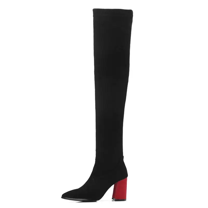 red heel MEMUNIA/ботфорты выше колена; женские ботфорты из искусственной замши; зимние эластичные сапоги; женские модные высокие сапоги; размер 42 - Цвет: red heel