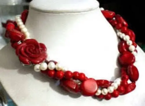 

FREE SHIPPING>>>@@ > White Akoya Cultured Pearl & Red Coral With Flower Clasp Necklace 18" BV377 5.27