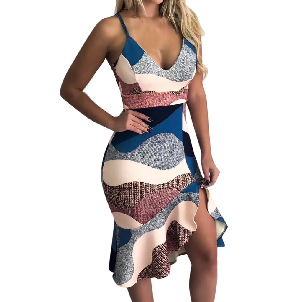 Платье женское летнее с открытыми плечами V образным вырезом и принтом|Женские