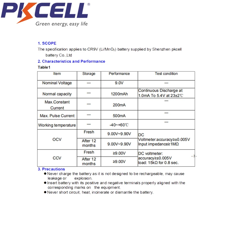 

PKCELL CR9V 1200mAh 9V Lithium Battery 6LR61 6F22 For Smoke alarm lithium-ion ammeter intelligent security system