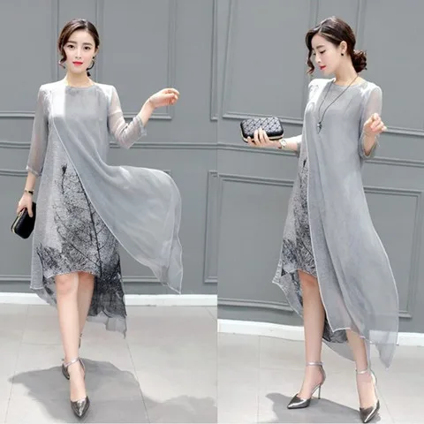 Платье женское хлопково-льняное длинное с принтом в стиле ретро повседневное