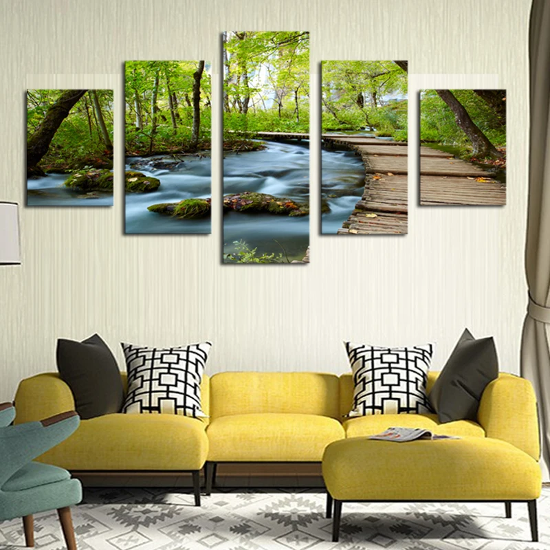 

Unframed 5 Panels Woods And Waterfall Modern Wall Painting Beautiful Landscape Canvas Printed Wall Pictures Painting Living Room