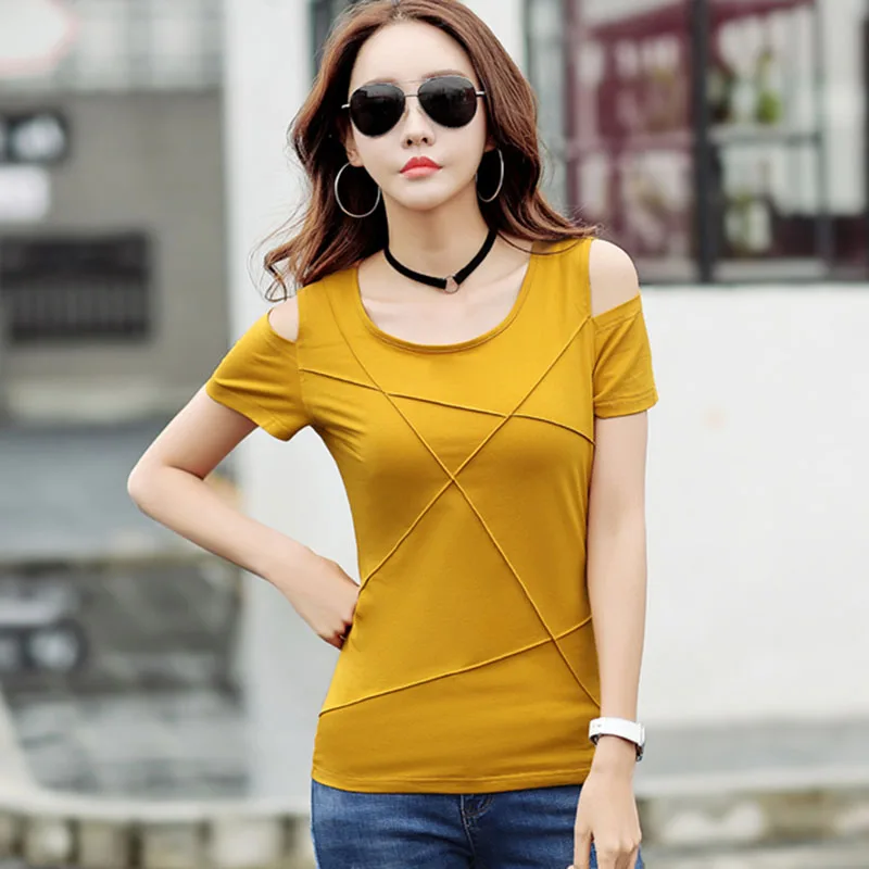 BOBOKATEER размера плюс футболка женская футболка camisetas verano mujer летний топ с открытыми плечами футболка Женские топы Футболка femme - Цвет: Оранжевый