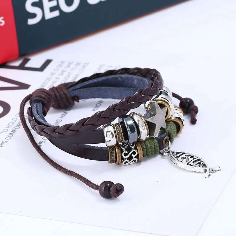 Кожаный браслет Рыба Иисуса Крест Подвески Браслеты Винтажный Панк Ветряные бусины для мужчин и женщин Парные наручные украшения.