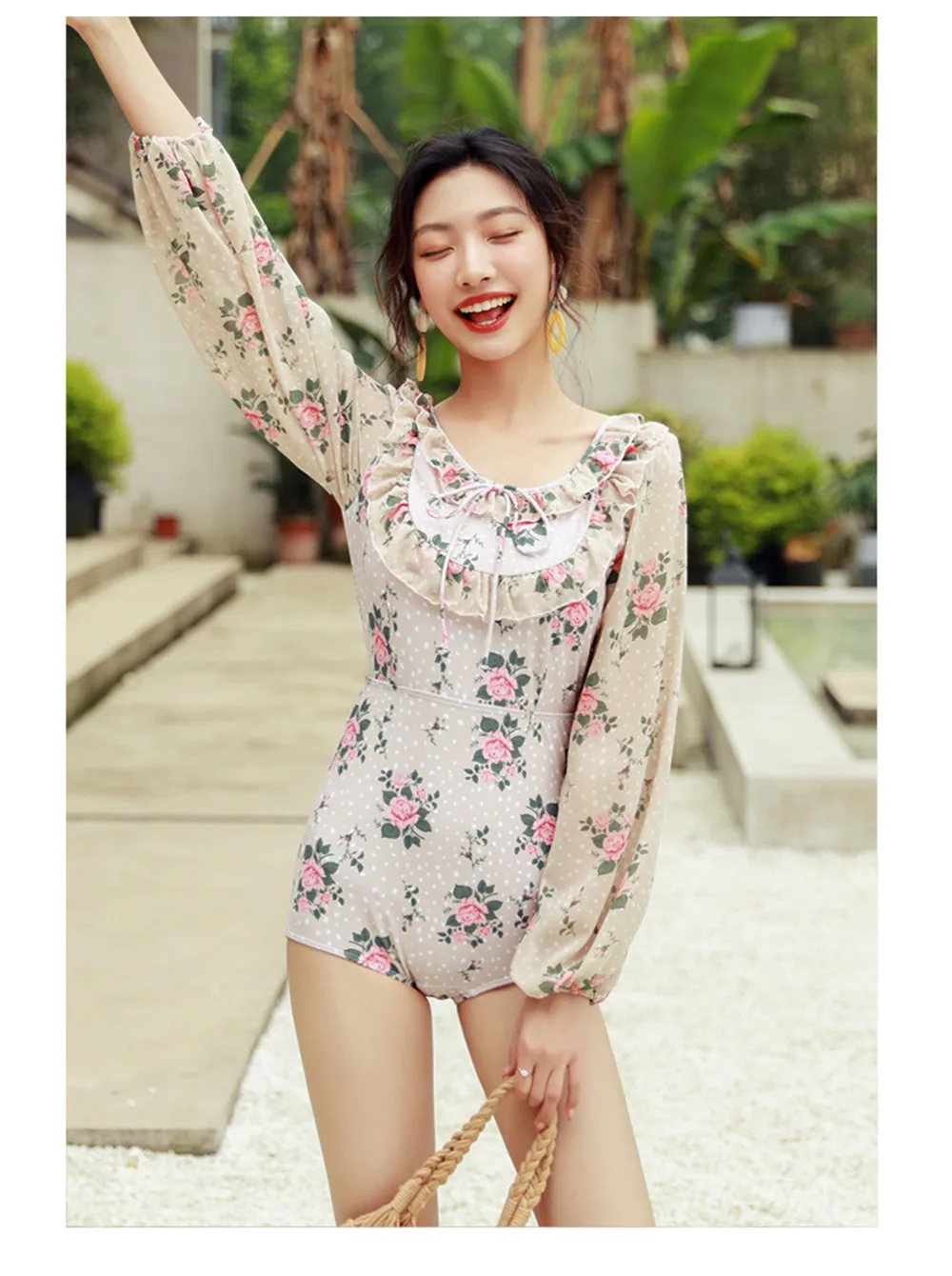 Long Sleeve One Piece Swimsuit Women Floral Swimwear Chiffon Monokini Push Up Swim Suit Ruffle Trikini Pad Bath Suit Backless