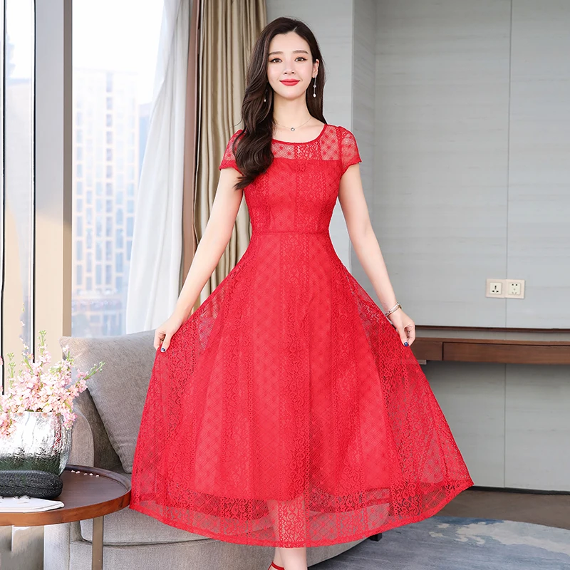 

LUKAXSIKAX 2020 New Women Summer Dress High Quality Korean Slim Lace Dress Plus Size S-5XL Loose Casual Long Dress