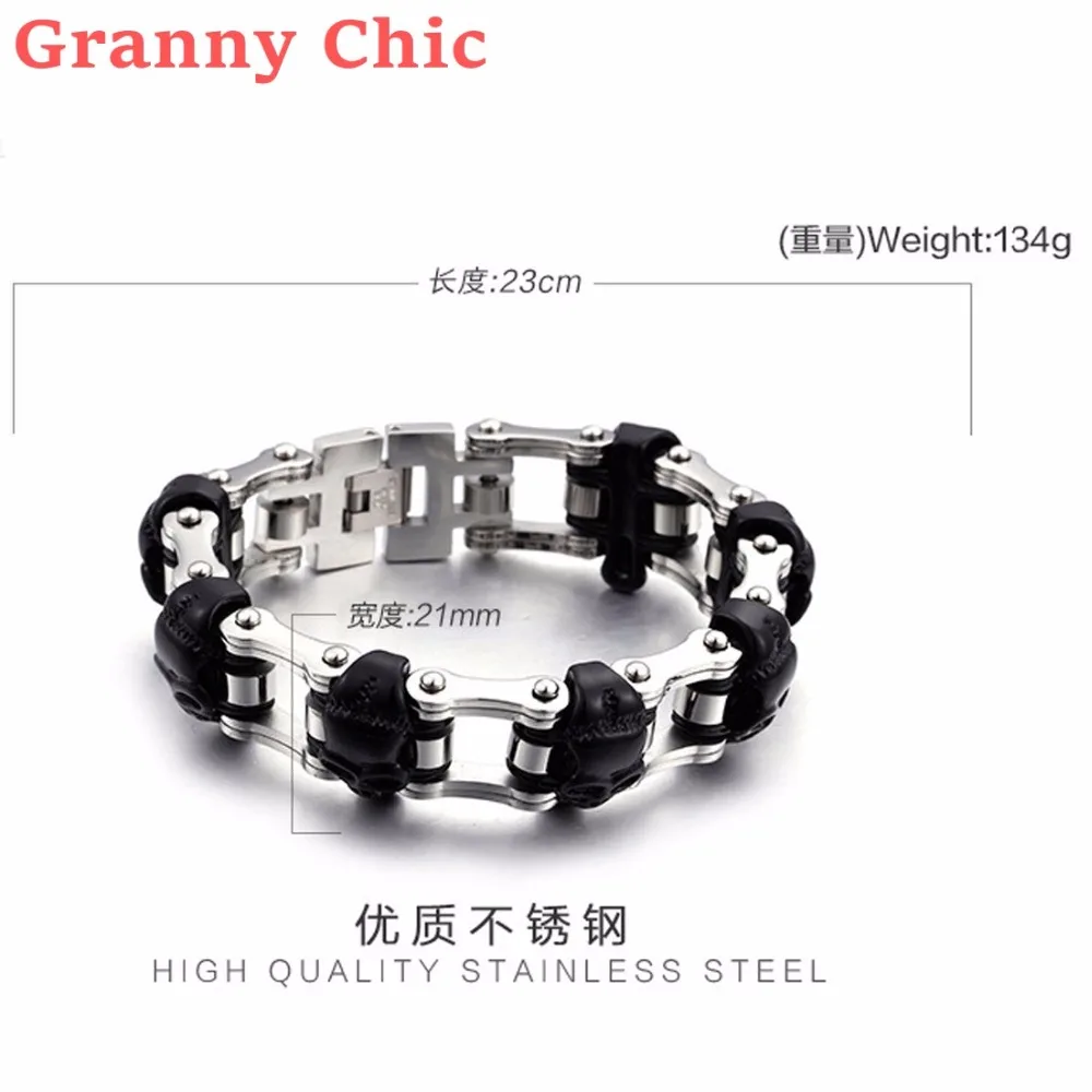

Granny Chic 9" Long Cool Biker Mens Bracelet 316L Stainless Steel Chain Wristband Punk Skulls Motorcycle Link Chain Jewelry