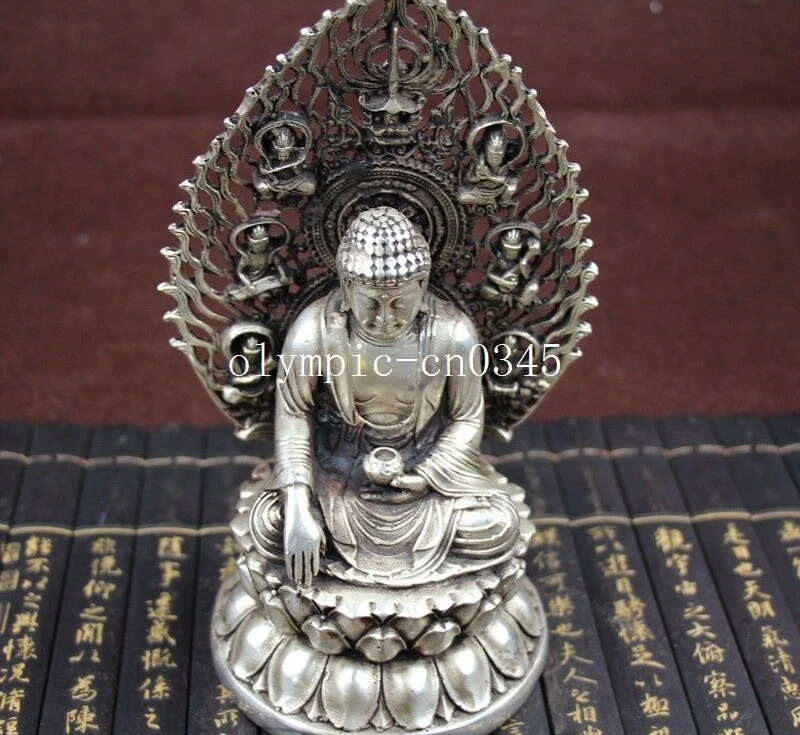

8'' tibet bronze copper silver plating carvings buddhism tathagata buddha statue