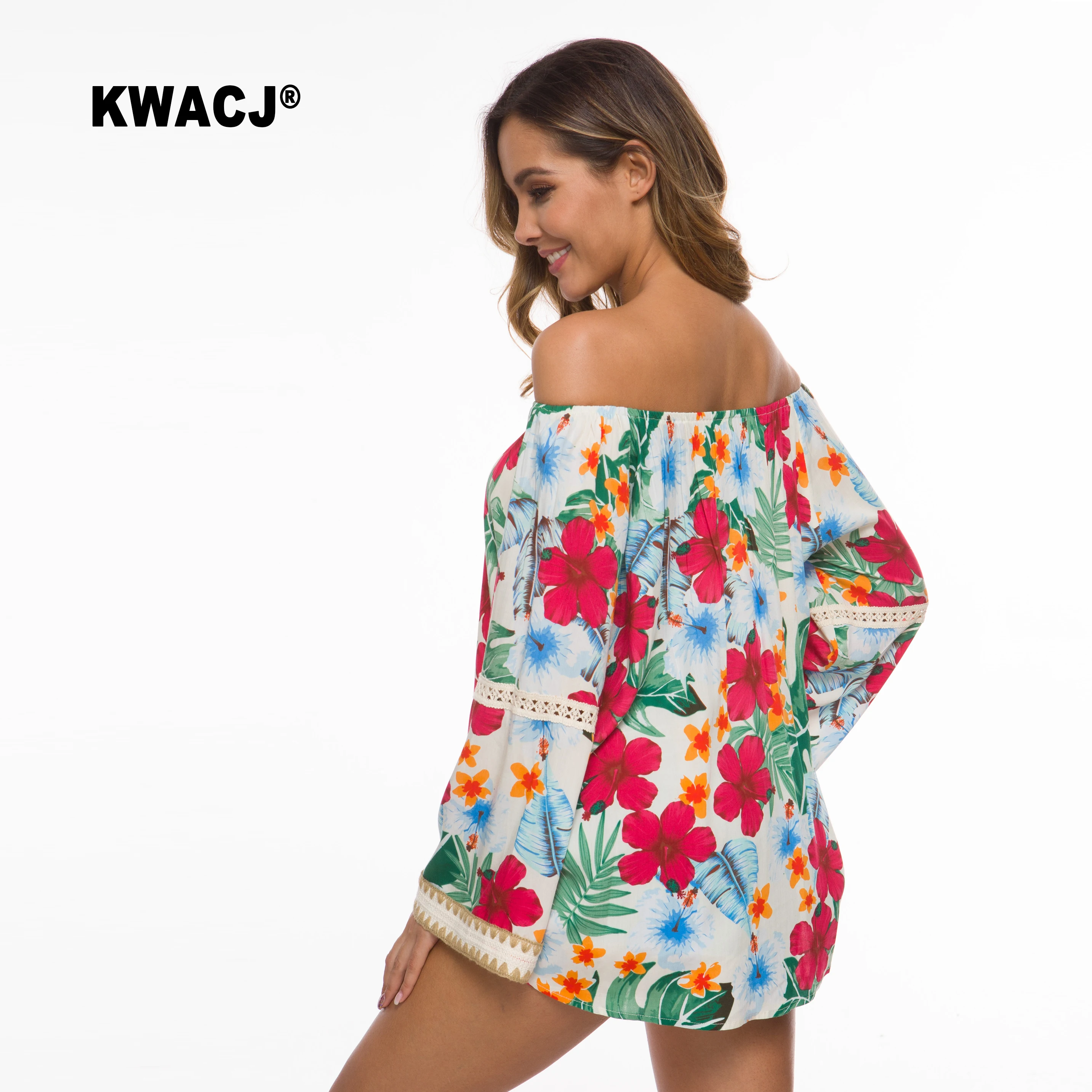 KWACJ топ с открытыми плечами Blusas цветочный принт Boho одежда длинный рукав-клеш