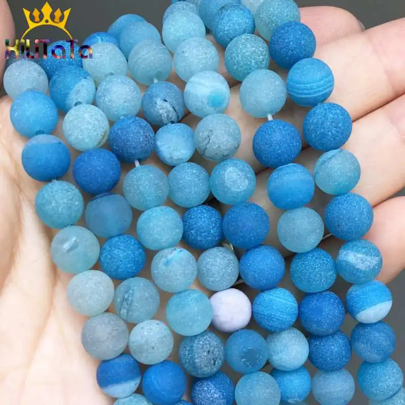 Матовые синие Бусины В Полоску Drusy Agates круглые бусины россыпью для изготовления