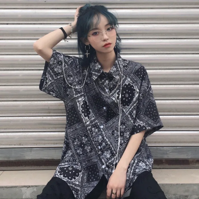 Корейский мужской/женский Harajuku уличная хип-хоп свободная бандана оверсайз с принтом пейсли, футболка, топ, рубашка, блуза с длинным рукавом
