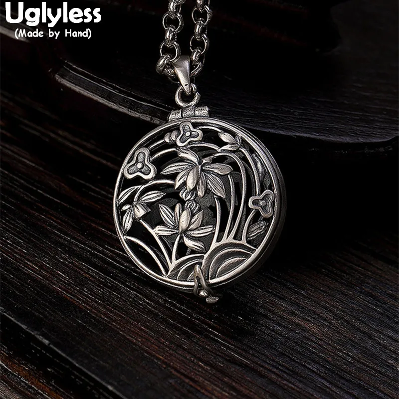 

Uglyless Real Solid 925 Sterling Silver Handmade Lotus Pendant Necklaces NO Chain Thai Silver Hollow Open Box Pendant Jewelry