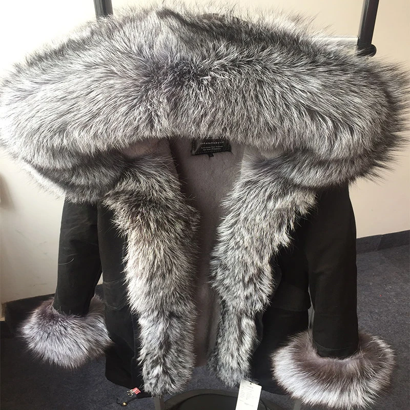 Luxury winter fur parka women long coats and jackets real silver fox collar hood placket cuff thick warm wool lined wear | Женская