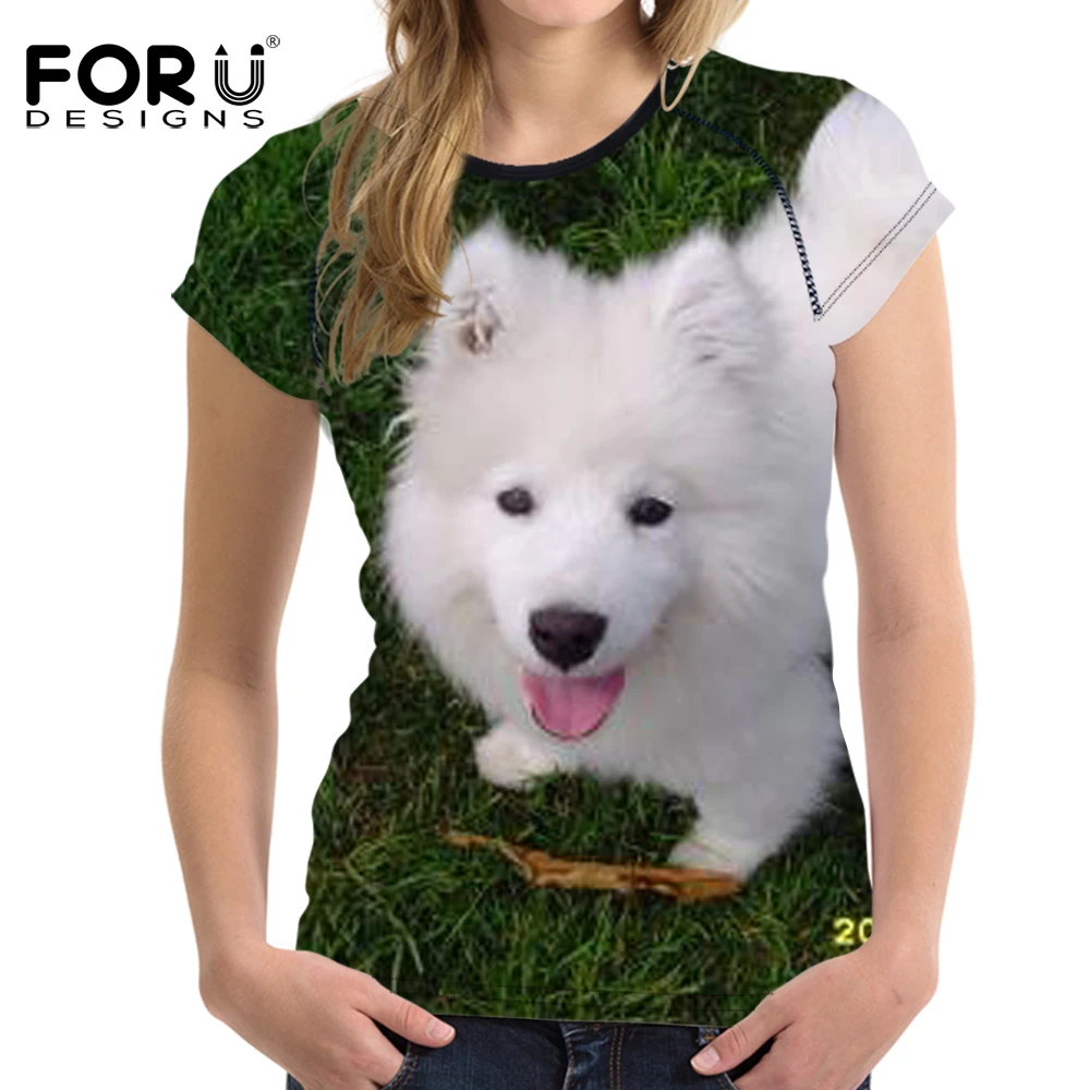 FORUDESIGNS/Милая женская футболка с 3D изображением собаки Samoyed летние повседневные