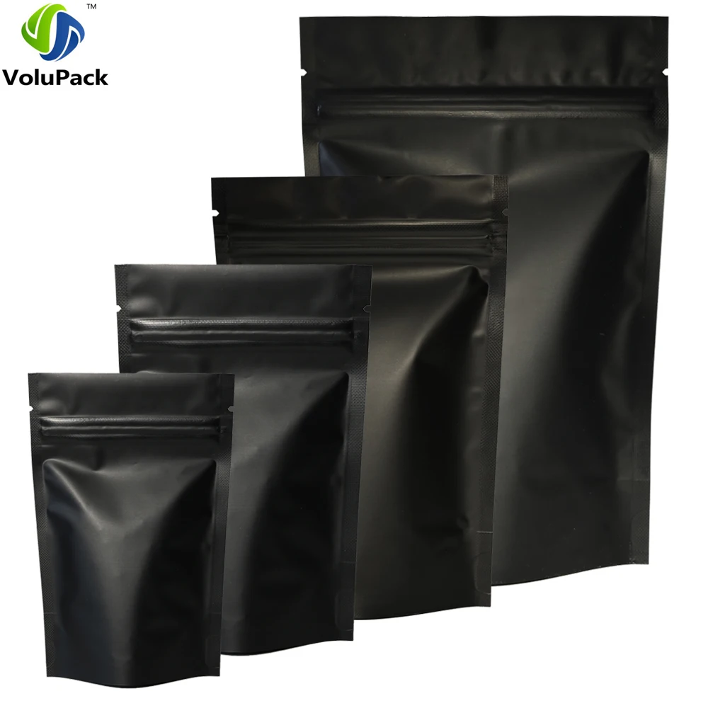 High Quality 100pcs Heat Seal Zip Lock Package Bags Aluminum Foil Mylar Tear Notch Matte Black Stand Up Bag Wholesale