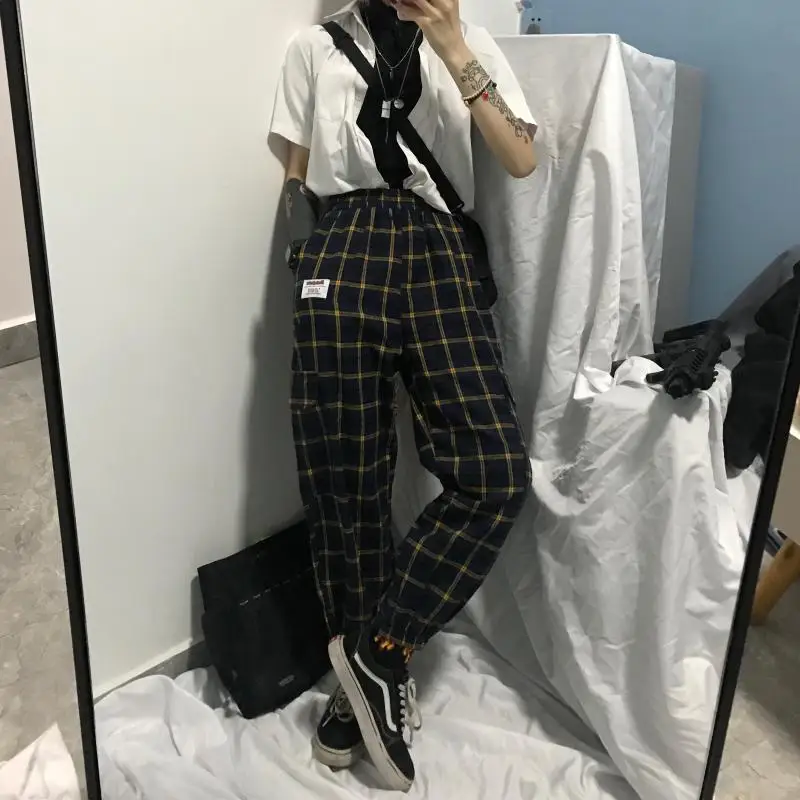2019 Харадзюку брюки карго женские модные клетчатые уличные шаровары Повседневные