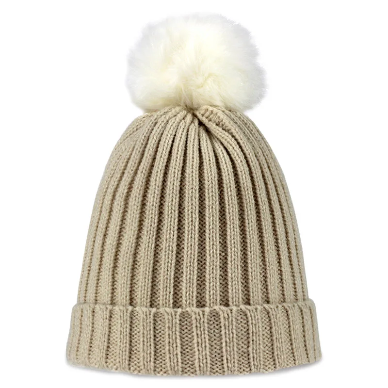 Khaki Меховая шапка с помпоном, зимние детские шляпы, Skullies Beanies, Детские теплые шапки, эластичные вязаные шапки, детские меховые шапки с помпонами для мальчиков и девочек - Цвет: Khaki