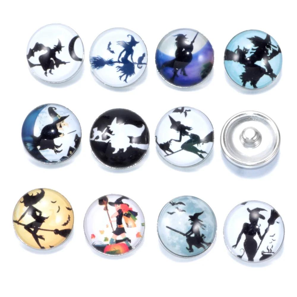 12pcs/lot Cartoon Witch Pattern Charms 18mm Glass Snap Button For DIY Bracelet Snaps Jewelry KZ0169 | Украшения и аксессуары