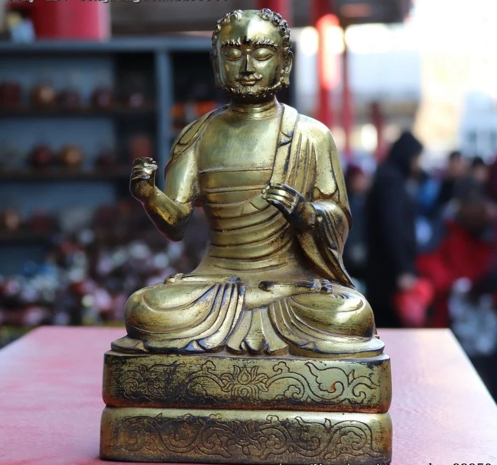 Тибетский фиолетовый Медный позолоченный храмовый стул Arhat Damo Bodhidharma Dharma статуя